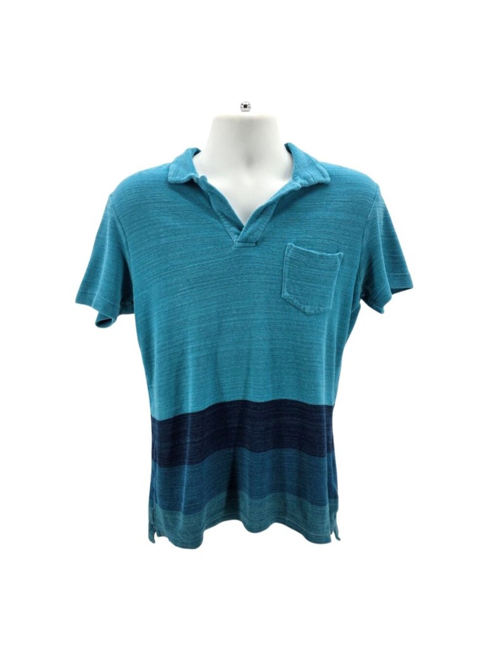 Orlebar Brown Mens Medium Polo Shirt Terry Towelling Tailored Fit Striped Blue